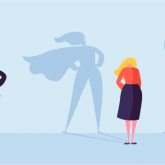 Cartoon of three women with shadows showing a cape, medal, and other images of power
