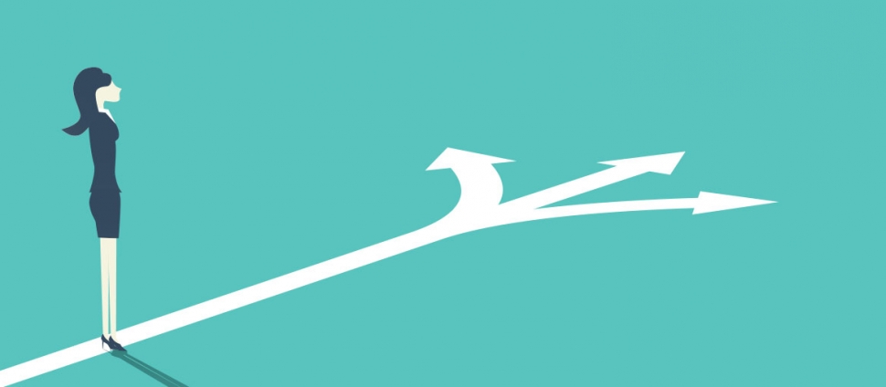 cartoon woman on path with arrows in the distance