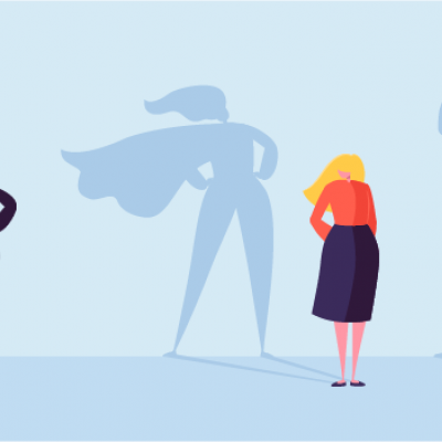 Cartoon of three women with shadows showing a cape, medal, and other images of power
