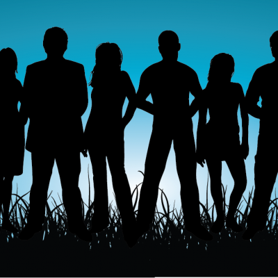 Silhouette of different people standing in front of a light source