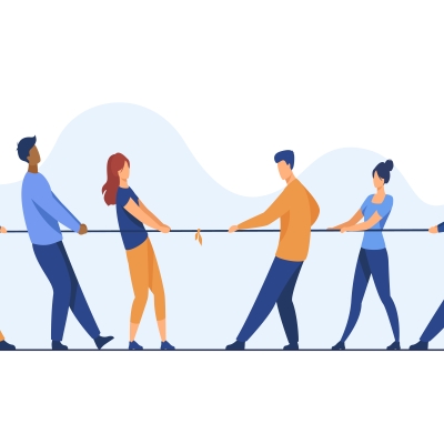 Image by pch.vector on Freepik. Illustration of six people pulling opposite ends of a rope in groups of 3.