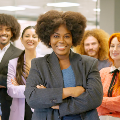 Group of diverse professionals standing together in the workplace and smiling.
